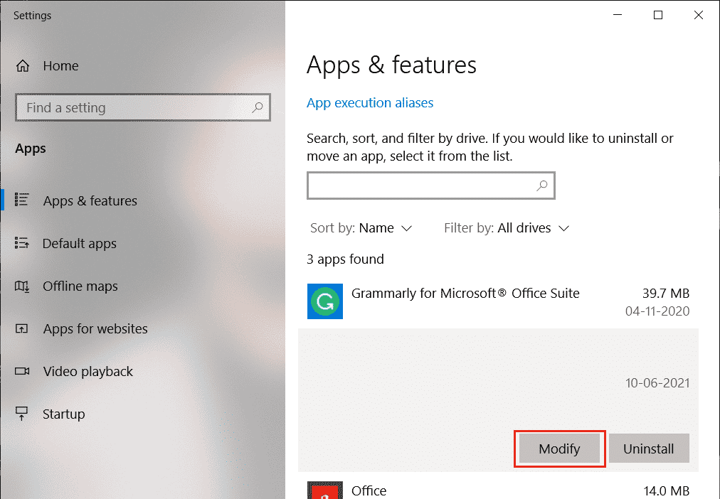 cliquez sur Modifier dans les applications et les fonctionnalités. Réparer Avast continue de s'éteindre dans Windows 10