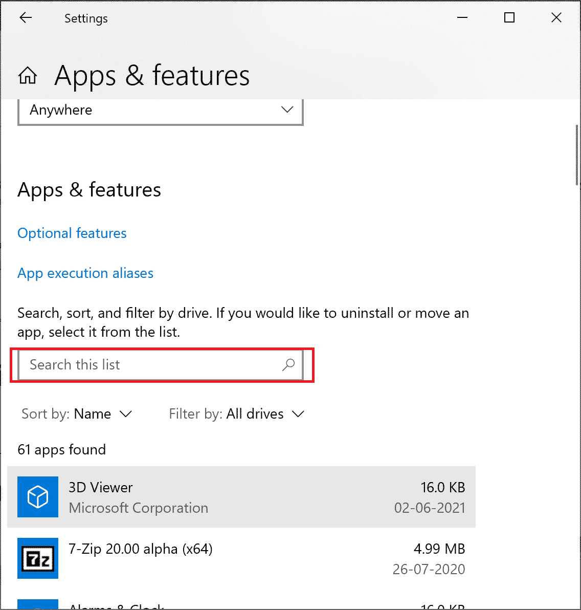 rechercher une application dans les applications et les fonctionnalités