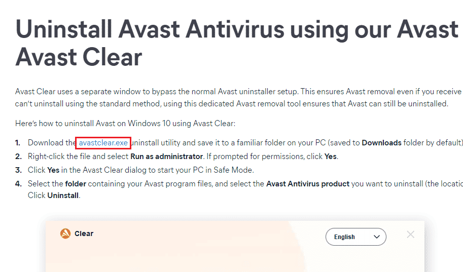 Visitez le site de désinstallation officiel d'Avast, puis cliquez sur avastclear.exe pour obtenir l'utilitaire de désinstallation d'Avast.