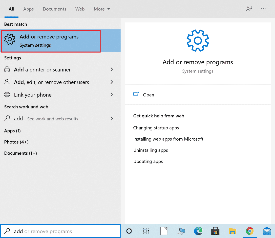 lancer ajouter ou supprimer des programmes de la recherche Windows