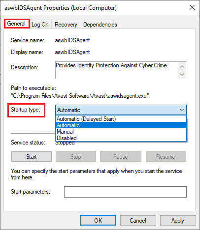 sélectionnez le type de démarrage sur Automatique