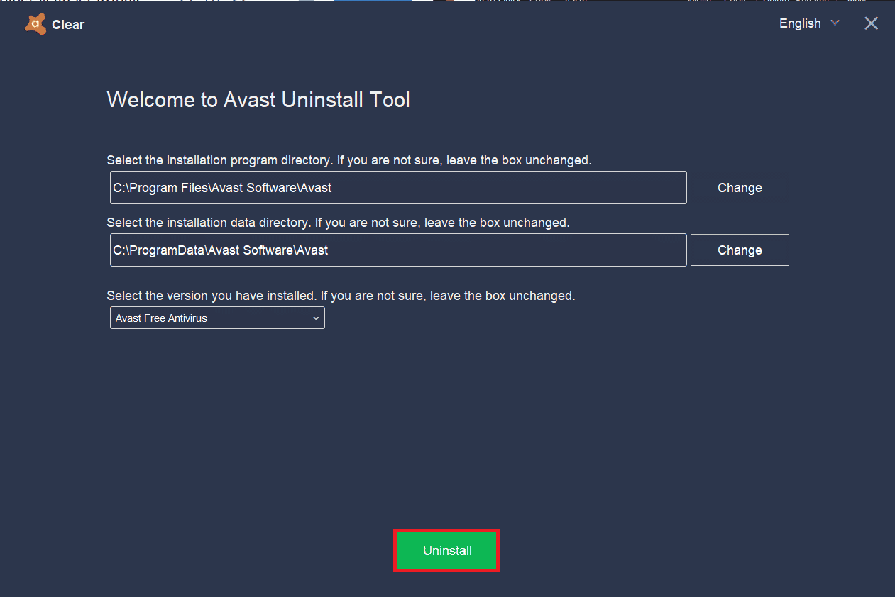 cliquez sur Désinstaller pour vous débarrasser d'Avast et de ses fichiers associés