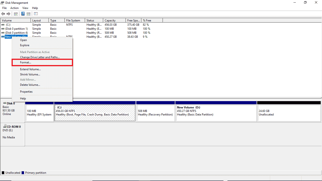 klik kanan pada disk target dan klik format. Perbaiki Masalah Hard Disk di Windows 10
