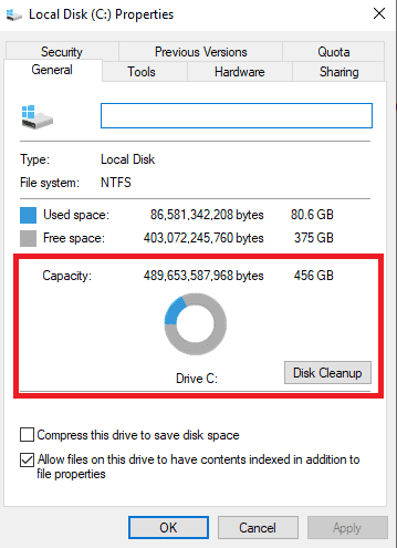 di bawah bagian umum periksa kapasitas drive. Perbaiki Masalah Hard Disk di Windows 10