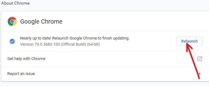 Chrome 完成下载和安装更新后,单击重新启动按钮