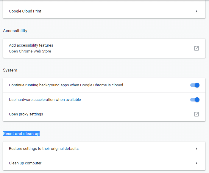 导航到 Chrome 高级设置下的重置和清理部分 |修复 WhatsApp Web 无法正常工作