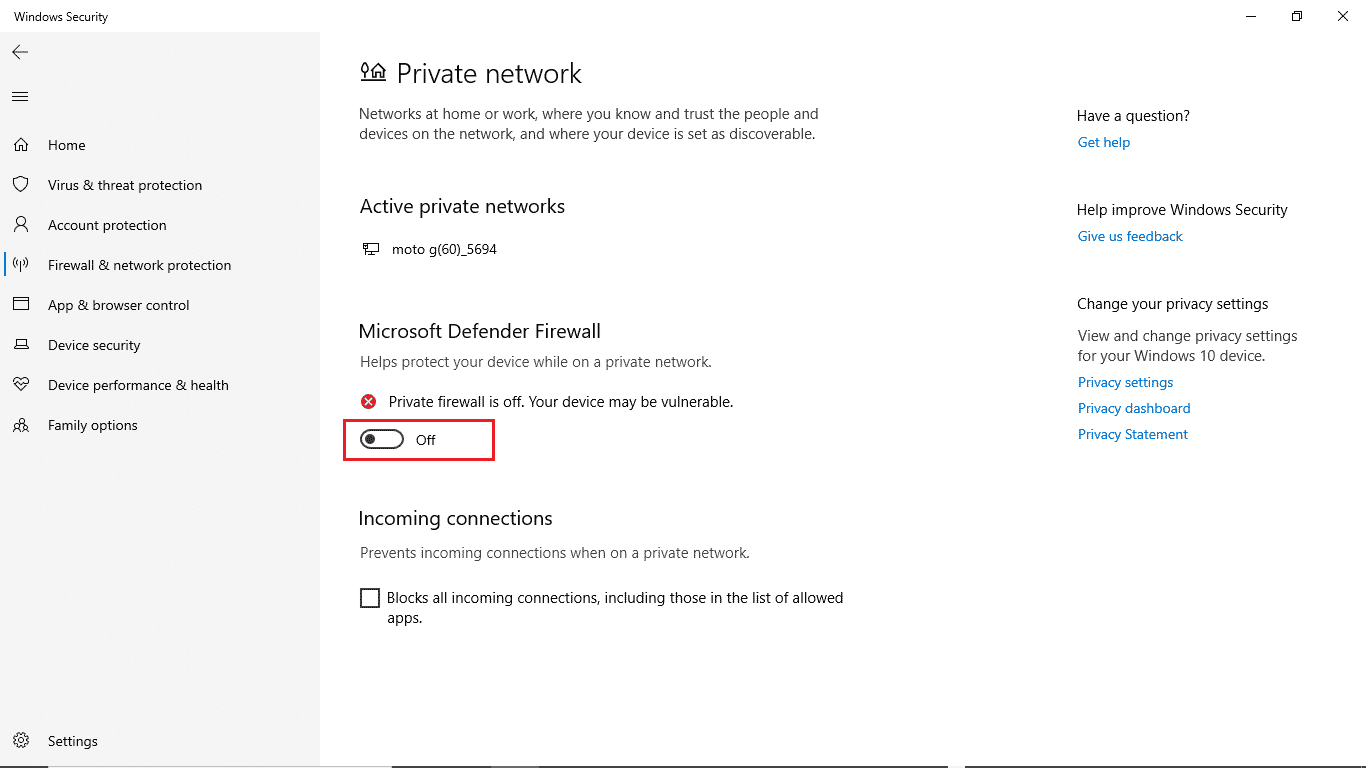 قم بإيقاف تشغيل جدار حماية Microsoft Defender. إصلاح خطأ تحديث Windows 10 0xc1900204
