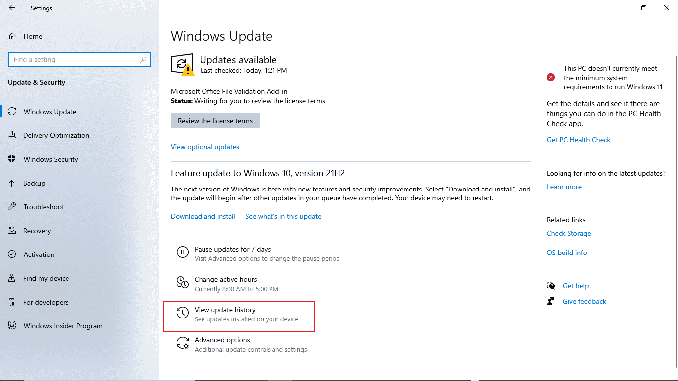 انقر فوق عرض محفوظات التحديث. إصلاح خطأ تحديث Windows 10 0xc1900204