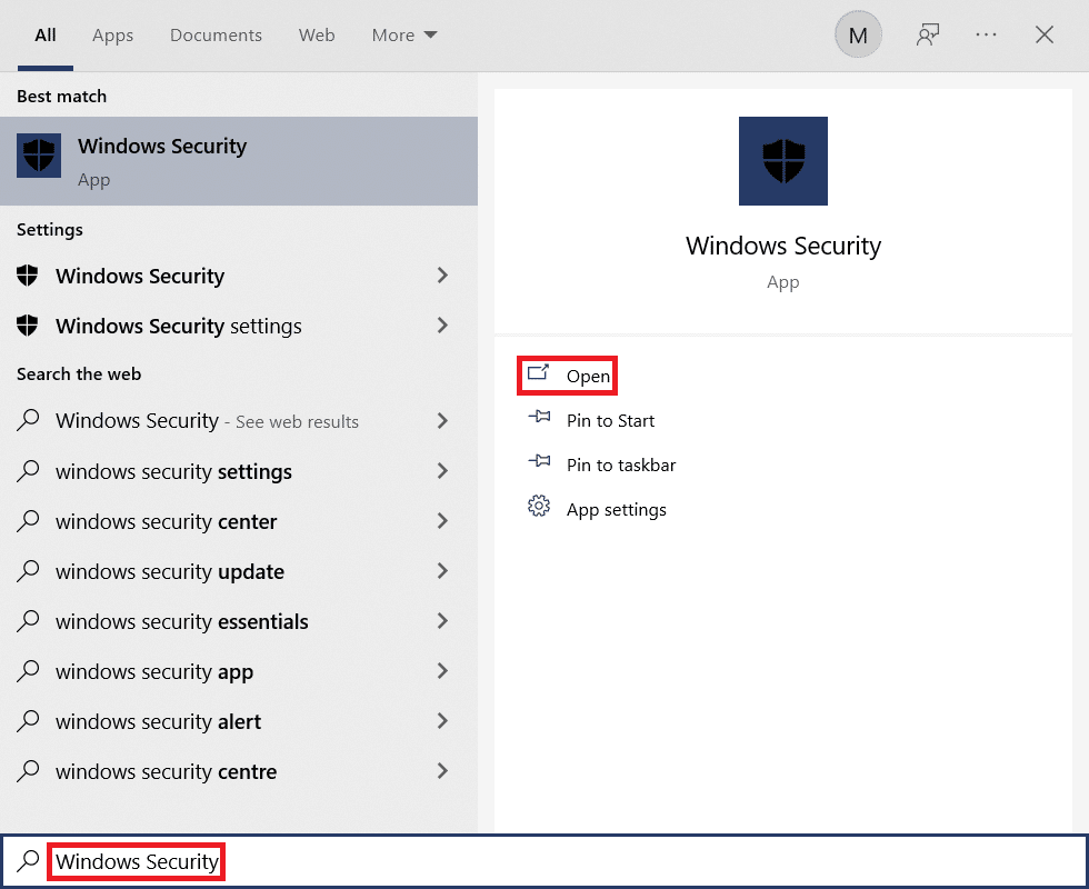 ابدأ قائمة نتائج البحث لأمن Windows