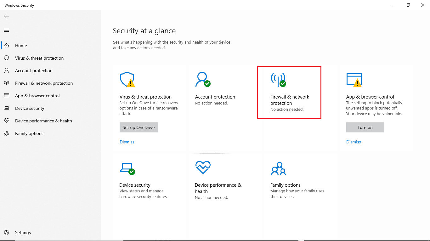 انقر فوق جدار الحماية وحماية الشبكة. إصلاح خطأ تحديث Windows 10 0xc1900204