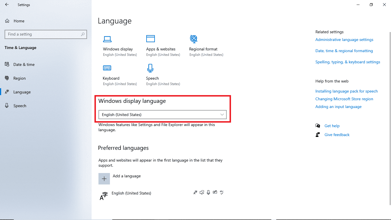 في عرض لغة windows ، تحقق من اللغة الإنجليزية في الولايات المتحدة