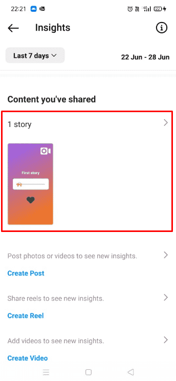 Wische nach unten und tippe auf Stories unter der Registerkarte Inhalte, die du geteilt hast