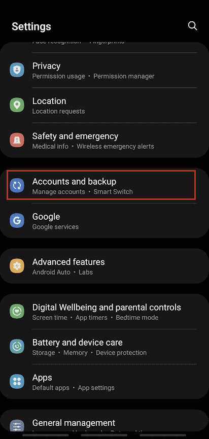 Atingeți Conturi și faceți backup pentru setările Samsung