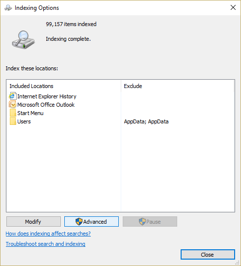 单击索引选项窗口底部的高级按钮 |修复任务栏搜索在 Windows 10 中不起作用