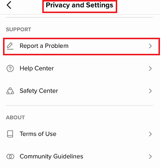 Appuyez sur l'option Confidentialité et paramètres et signaler un problème sous SUPPORT