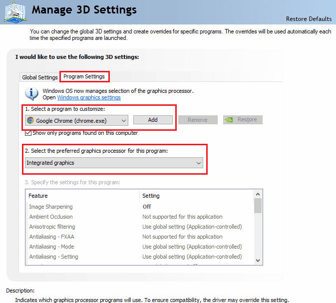 Selectați un program de personalizat și Selectați procesorul grafic preferat pentru acest program | Remediați eroarea de memorie de referință Arma 3 în Windows 10