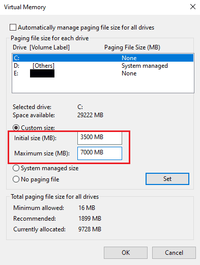Setați dimensiunea inițială la 3500 MB și maxim la 7000 MB | Remediați eroarea de memorie de referință Arma 3 în Windows 10