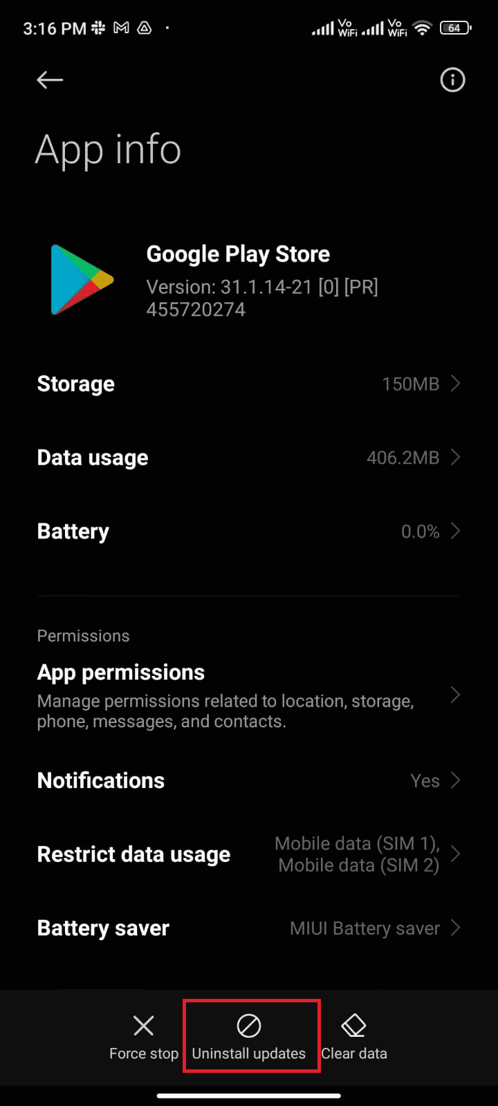 次に、[更新のアンインストール]をタップします| AndroidのGooglePlayエラーコード495を修正