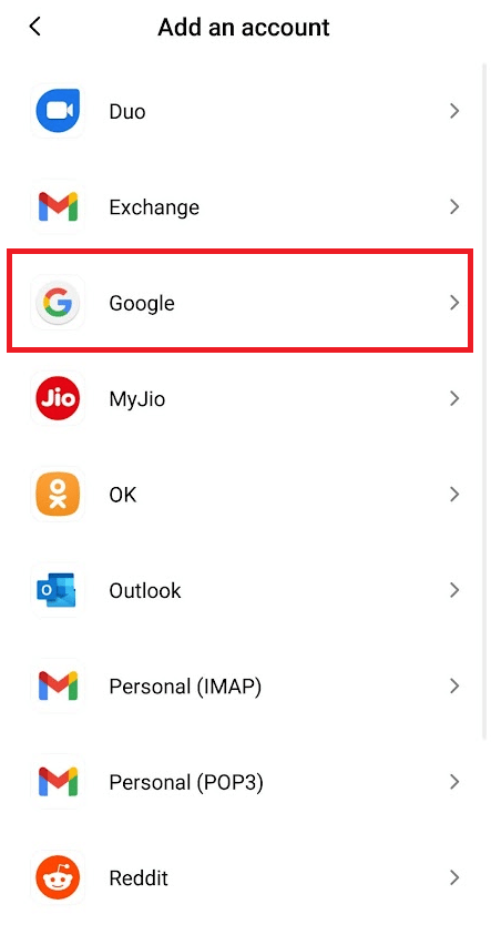 リストからGoogleオプションをタップします| AndroidのGooglePlayエラーコード495を修正