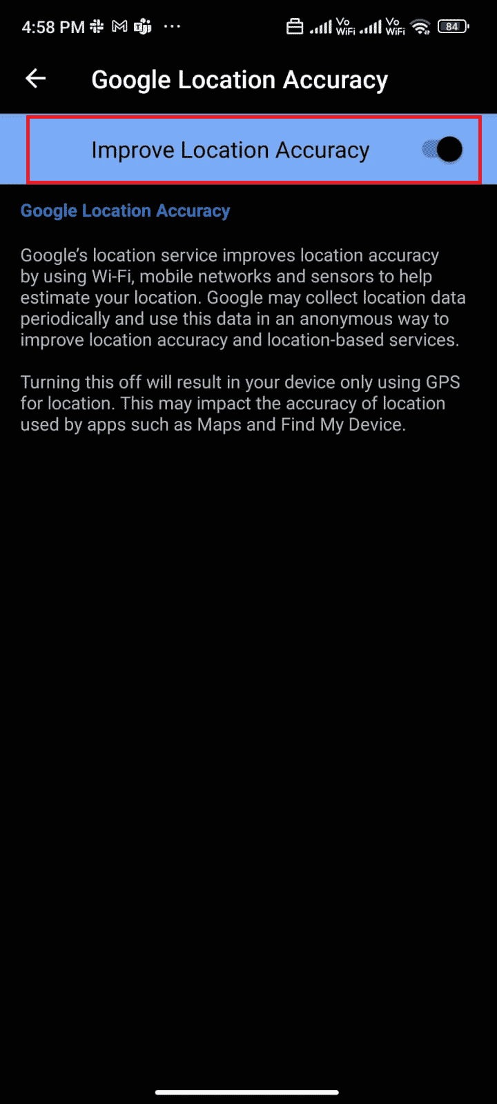 次に、[位置精度の向上]オプションをオンに切り替えます| AndroidのGooglePlayエラーコード495を修正