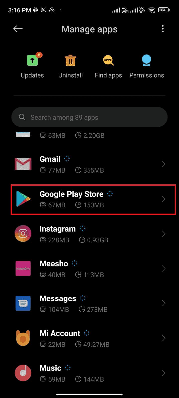 次に、[アプリの管理]、[GooglePlayストア]の順にタップします
