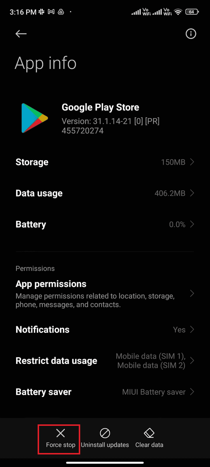 次に、画面の左下隅にある[強制停止]オプションをタップします| AndroidのGooglePlayエラーコード495を修正