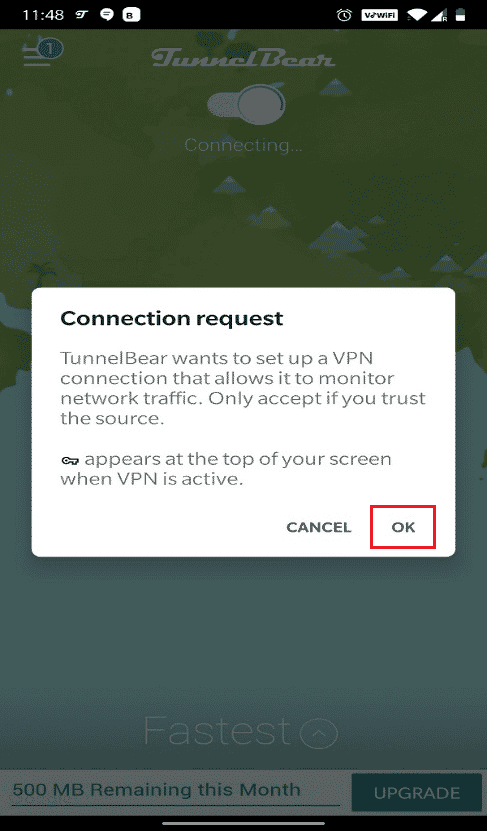 [OK]、[OK]の順にタップして、VPN接続を介してネットワークを管理するための接続要求のアクセス許可を付与します。 | AndroidのGooglePlayエラーコード495を修正