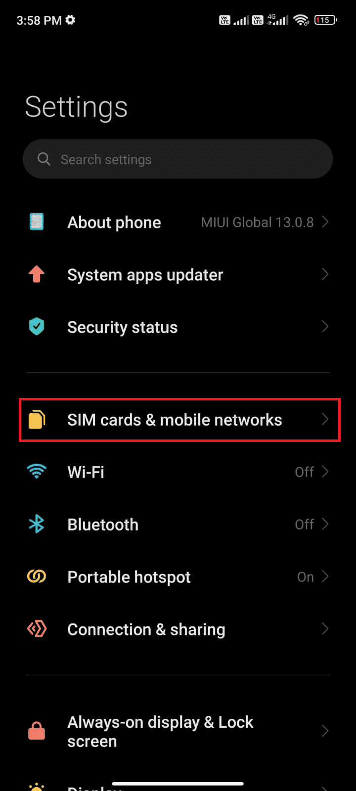 次に、SIMカードのモバイルネットワークオプションをタップします