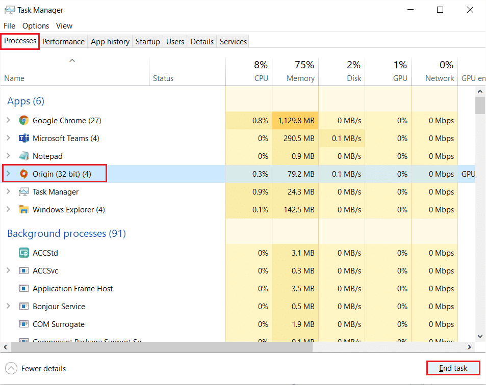 selezionare il processo di origine e fare clic su Termina attività nel Task Manager