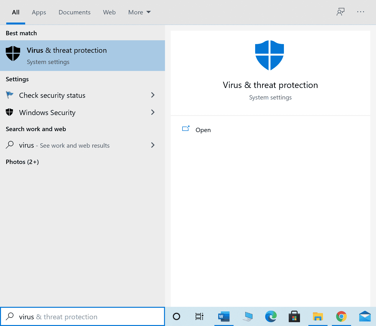 Risultati della ricerca del menu Start per la sicurezza di Windows. Correggi l'errore Origin 0xc00007b in Windows 10