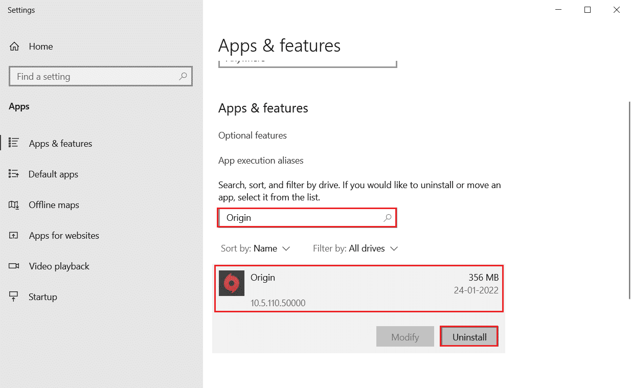 seleziona Origin nelle impostazioni di App e funzionalità e fai clic su Disinstalla. Risolto l'errore di origine 0xc00007b