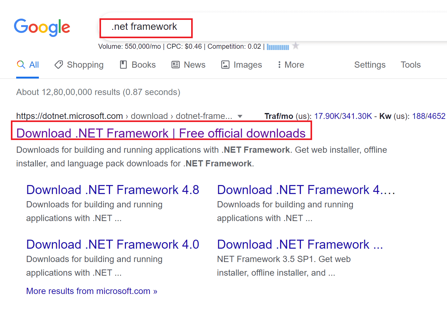 fare clic sul primo risultato della ricerca dal sito Web ufficiale di Microsoft intitolato Download .NET Framework. Risolto l'errore di origine 0xc00007b