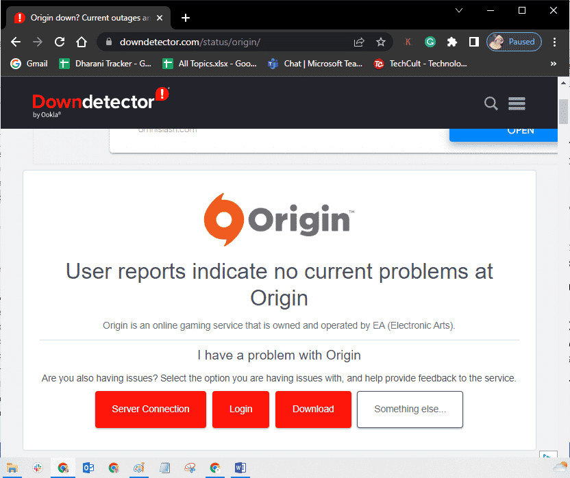 Riceverai un messaggio che indica che i rapporti degli utenti non indicano problemi attuali su Origin se non si verificano problemi dal lato server.