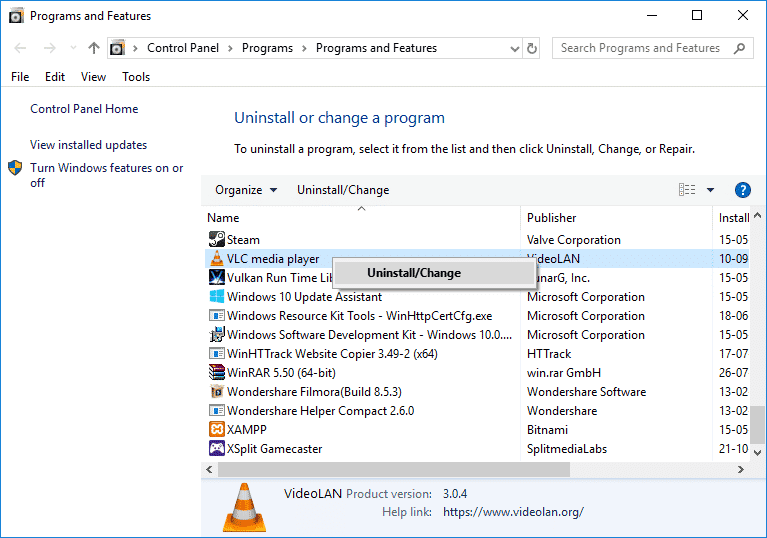 Disinstalla i programmi indesiderati dalla finestra Programmi e funzionalità. Correggi l'errore Origin 0xc00007b in Windows 10