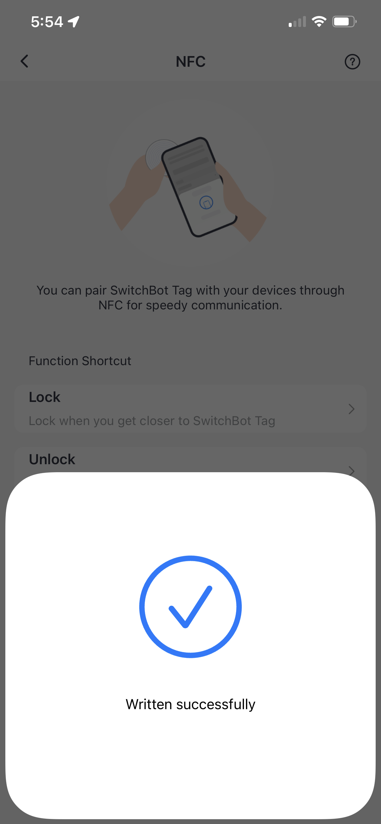 Aplicația SwitchBot Procesul de scriere a etichetelor NFC.