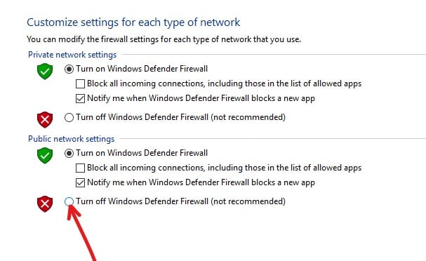 关闭公共网络设置的 Windows Defender 防火墙