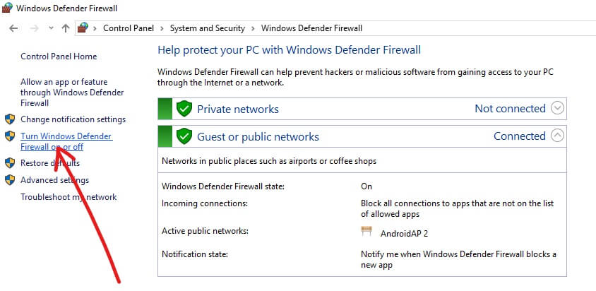 单击打开或关闭 Windows Defender 防火墙