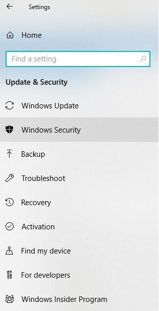 单击左侧窗口面板中的 Windows 安全性