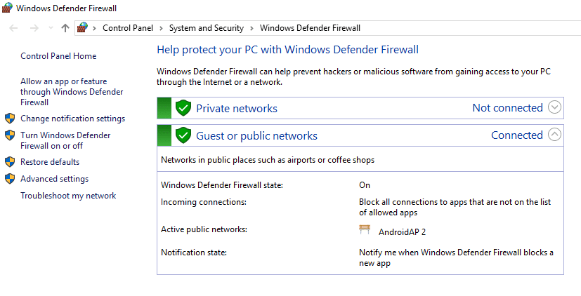 将出现 Windows Defender 防火墙屏幕