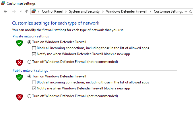 将出现为私人和公共网络设置屏幕禁用 Windows Defender 防火墙
