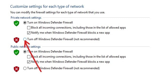 关闭专用网络设置的 Windows Defender 防火墙