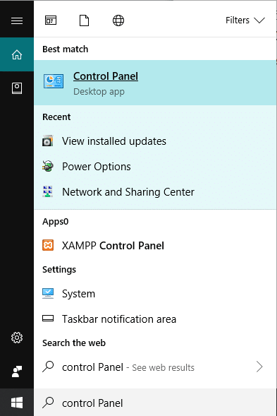 通过在 Windows 搜索下搜索来打开控制面板。