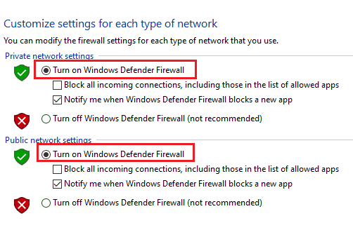 WindowsDefenderファイアウォールをオンにします。 ForzaHorizo​​n4がセッションXboxOneに参加できない問題を修正
