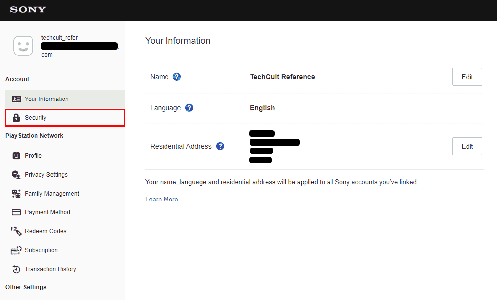 Klicken Sie im linken Bereich auf Sicherheit | Wie entferne ich mein PSN-Konto von einer anderen PS4