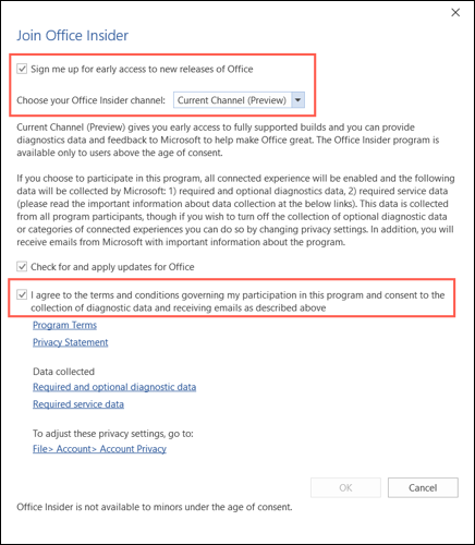 Perjanjian Office Insider Program di Windows