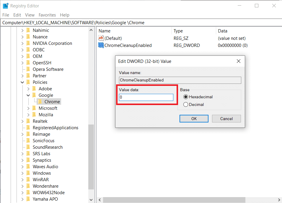 Buat nilai DWORD sebagai ChromeCleanupEnabled. Klik dua kali dan ketik 0 di bawah Value data. Perbaiki Alat Reporter Perangkat Lunak Penggunaan CPU Tinggi di Windows 10