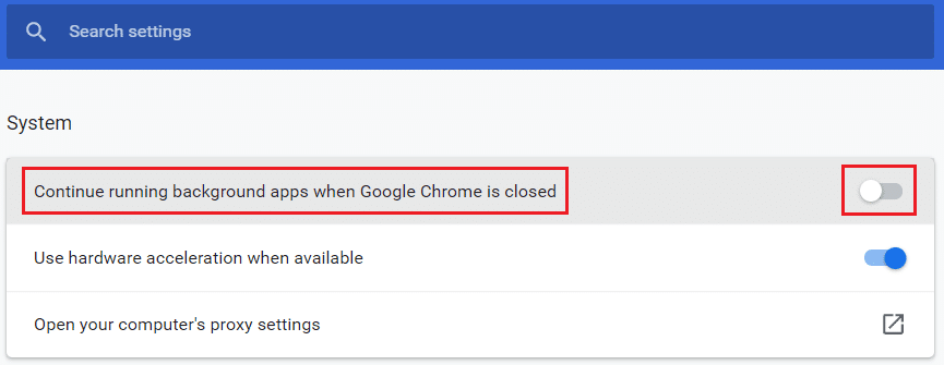 Matikan sakelar untuk Lanjutkan menjalankan aplikasi latar belakang saat opsi Google Chrome di Pengaturan Sistem Chrome. Perbaiki Alat Reporter Perangkat Lunak Penggunaan CPU Tinggi di Windows 10