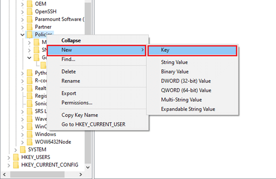 Klik kanan folder Kebijakan dan pilih Baru dan klik Kunci dan Ganti nama kunci sebagai Google. Perbaiki Alat Reporter Perangkat Lunak Penggunaan CPU Tinggi di Windows 10