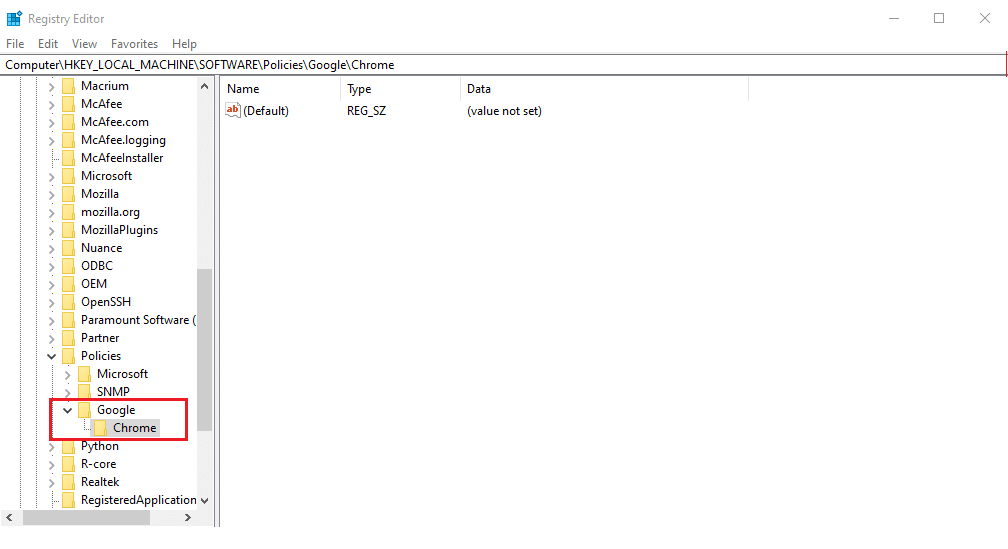 Klik kanan pada folder Google yang baru dibuat dan pilih New dan klik Key dan Rename sebagai Chrome.