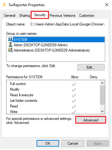 Buka tab Keamanan dan klik tombol Lanjutan. Perbaiki Alat Reporter Perangkat Lunak Penggunaan CPU Tinggi di Windows 10